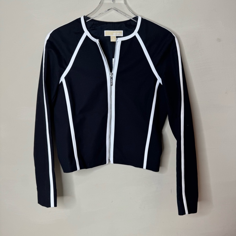 Michael Kors Womens Long Sleeve A-Line Stripe piping Jacket Black White Sz 2